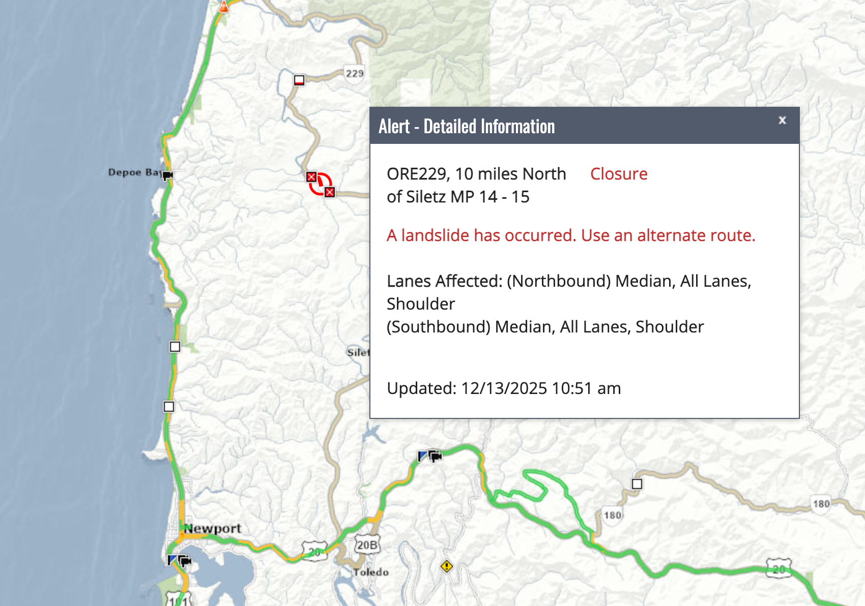 Travel Alert for Drivers Heading North: OR 229 Closed in Lincoln County Due to Landslide