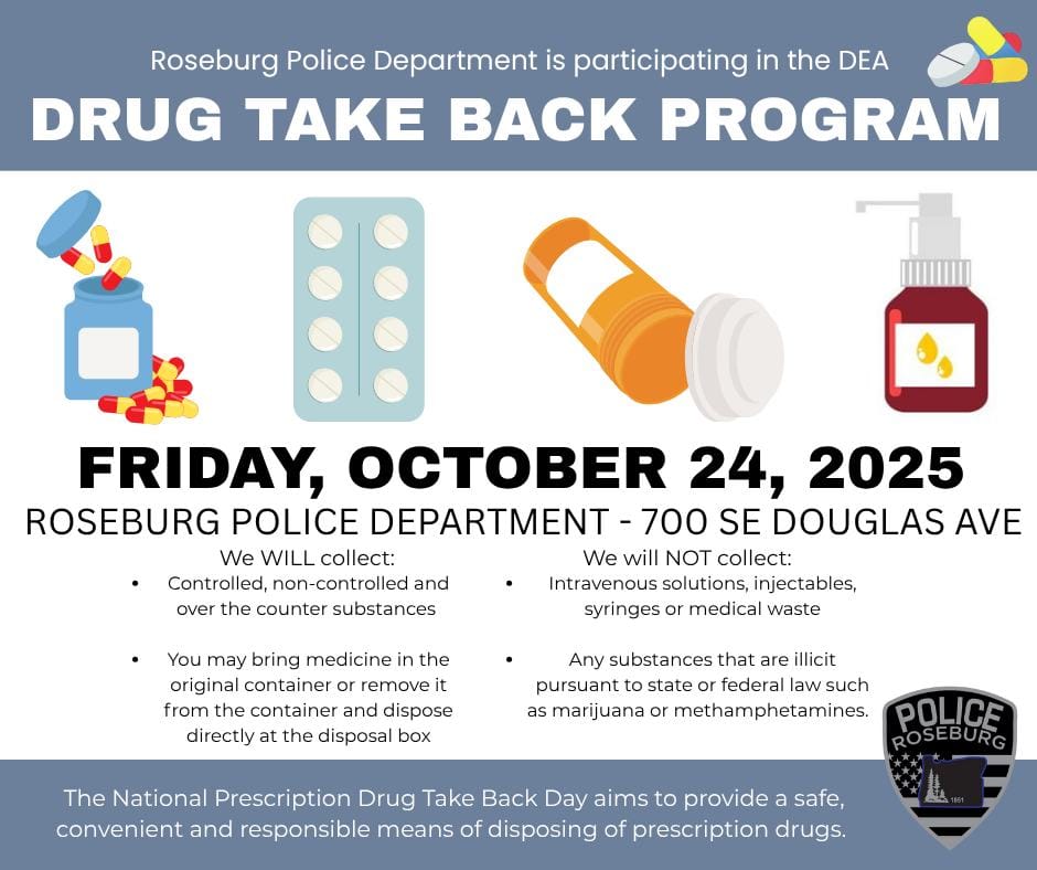 Roseburg Police to Host National Drug Take Back Day on October 24